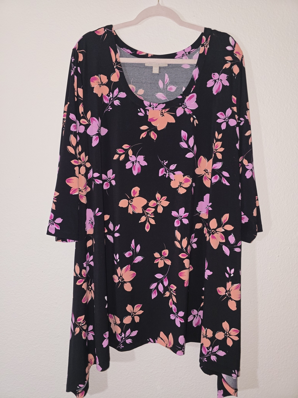 Woman Within Black Floral Midi Dress with Pink & Peach Blooms